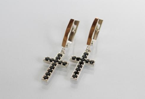 Срібний сережки Хрестики з золотими вставками
